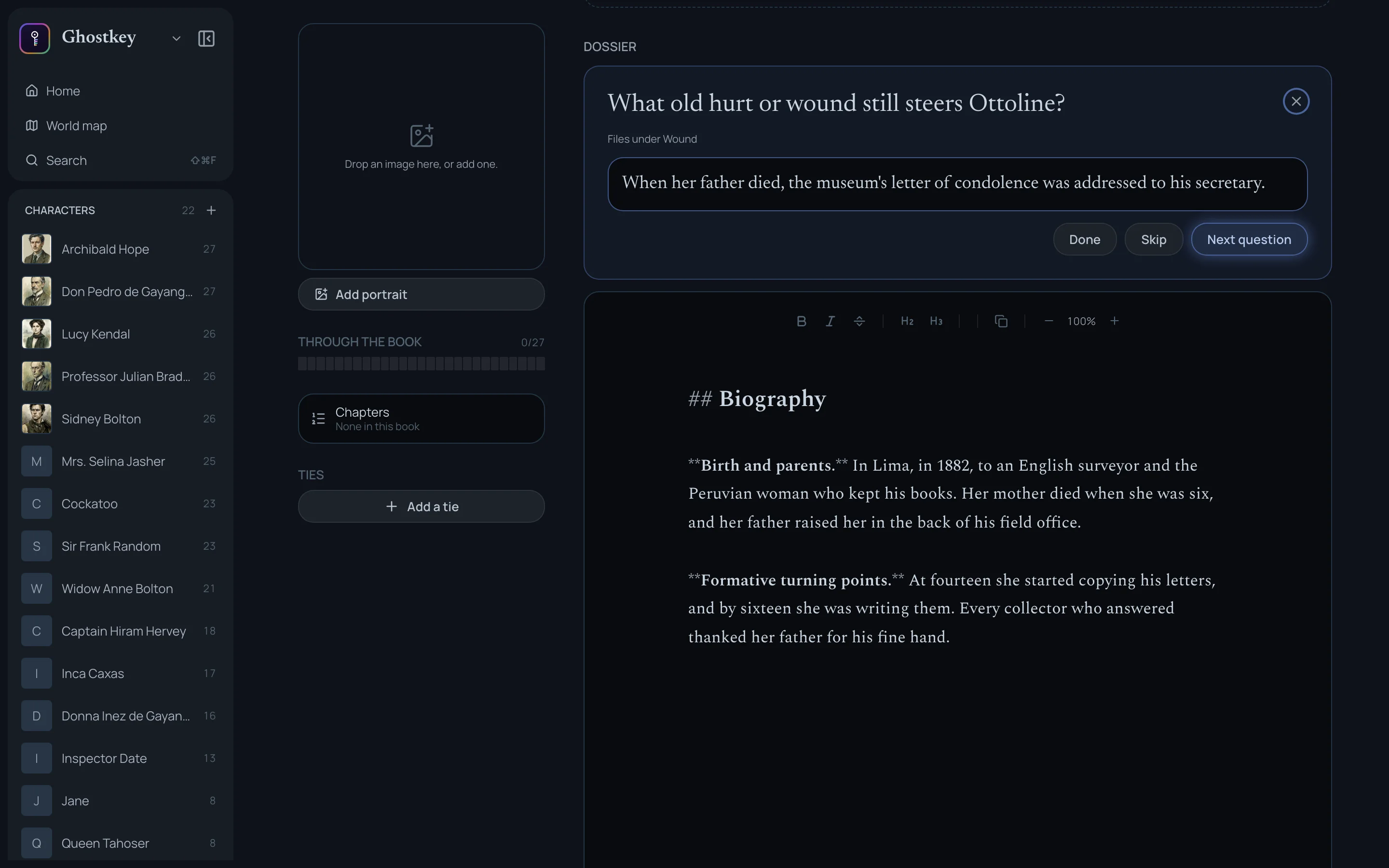 The interview: a question, an answer being typed, and the earlier answers filed under Biography