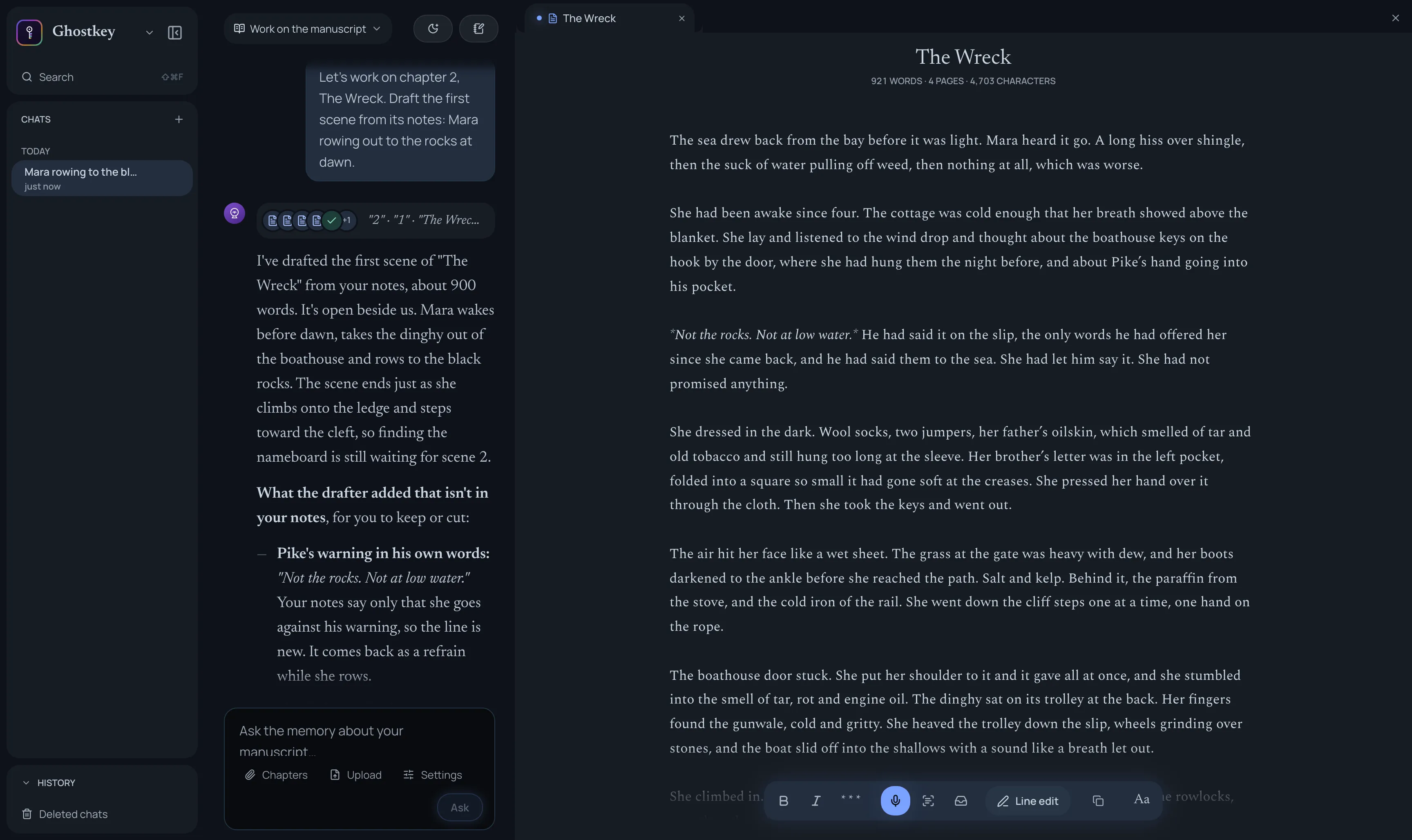 A scene drafted into chapter 2, open beside the chat