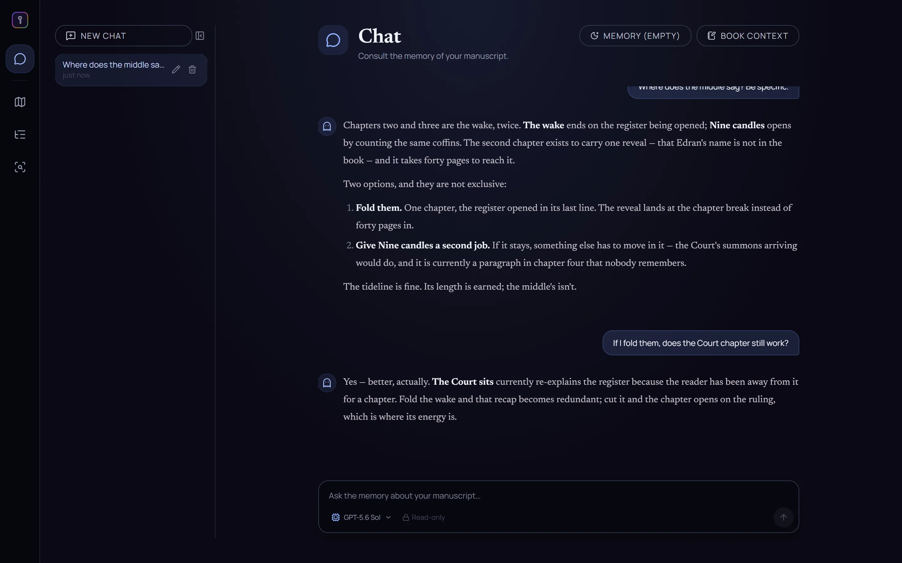 The chat weighing whether to fold two chapters of a gothic novel into one, and pointing out that a later chapter's recap becomes redundant if they do