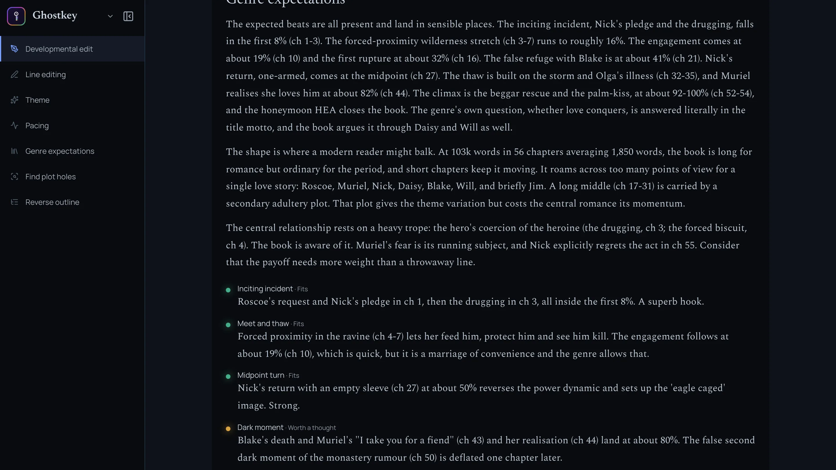 The genre expectations section of a developmental edit: three paragraphs on how the book's shape meets the genre, then checks marked Fits for the inciting incident, the meet and thaw and the midpoint turn, and Worth a thought for the dark moment