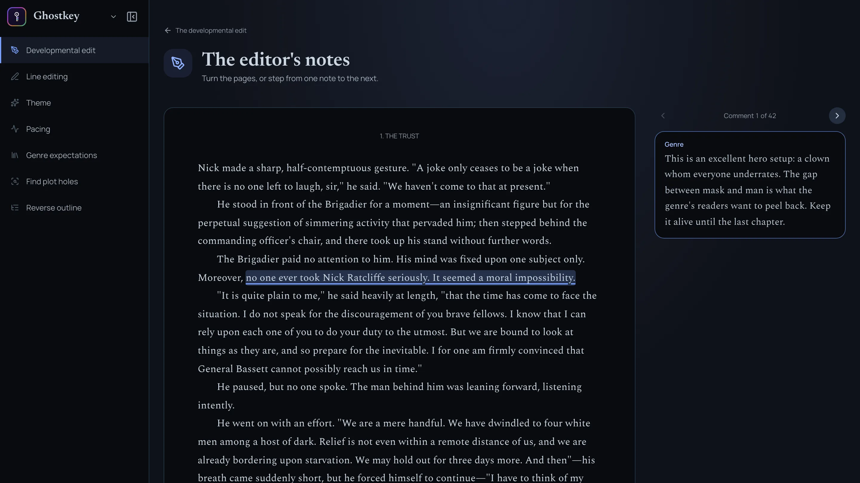 The Way of an Eagle, chapter 1, with a sentence underlined, and beside it the first of 42 margin comments, tagged Genre: this is an excellent hero setup, a clown whom everyone underrates