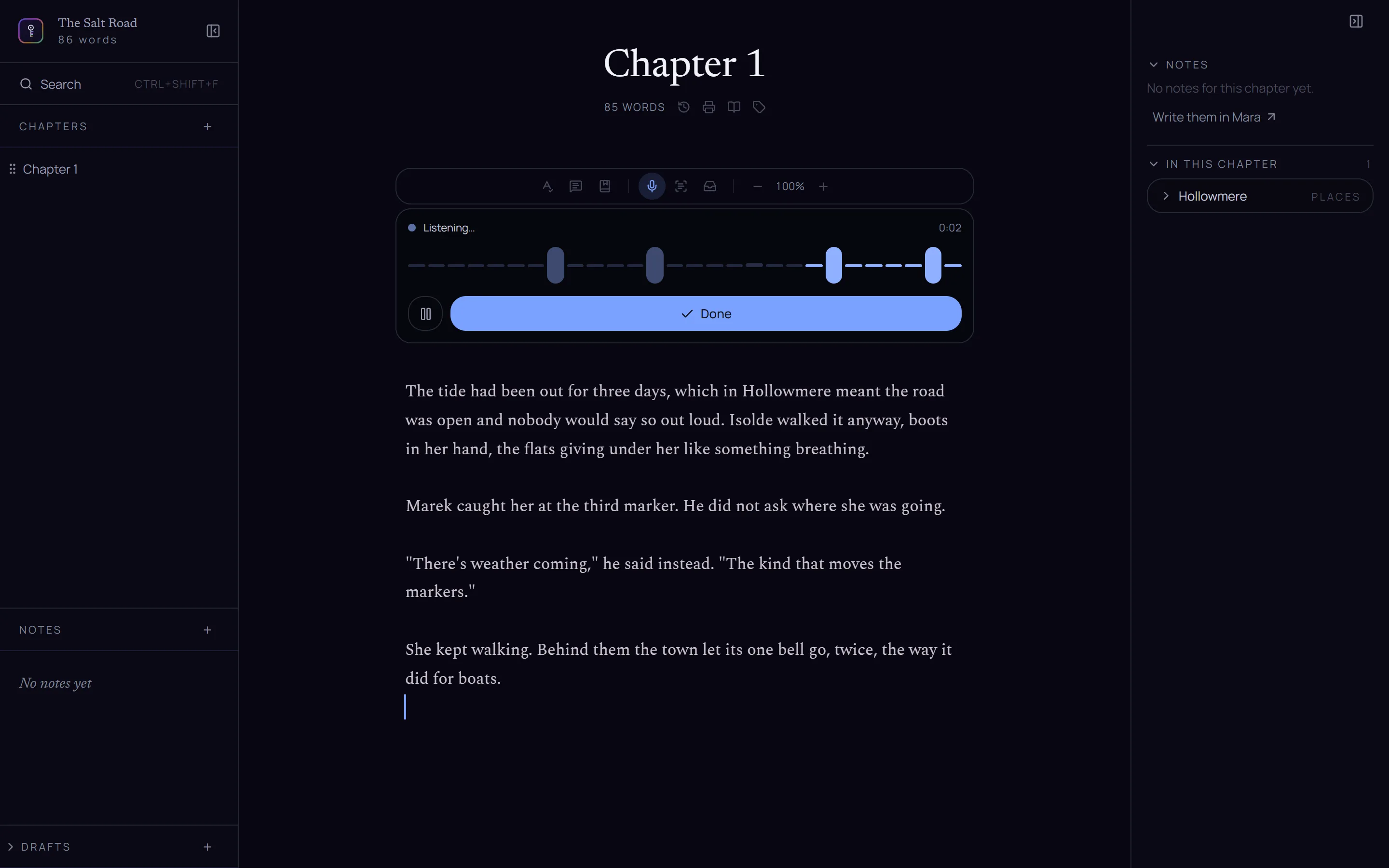 Dictating into a chapter — the dock listens under the toolbar