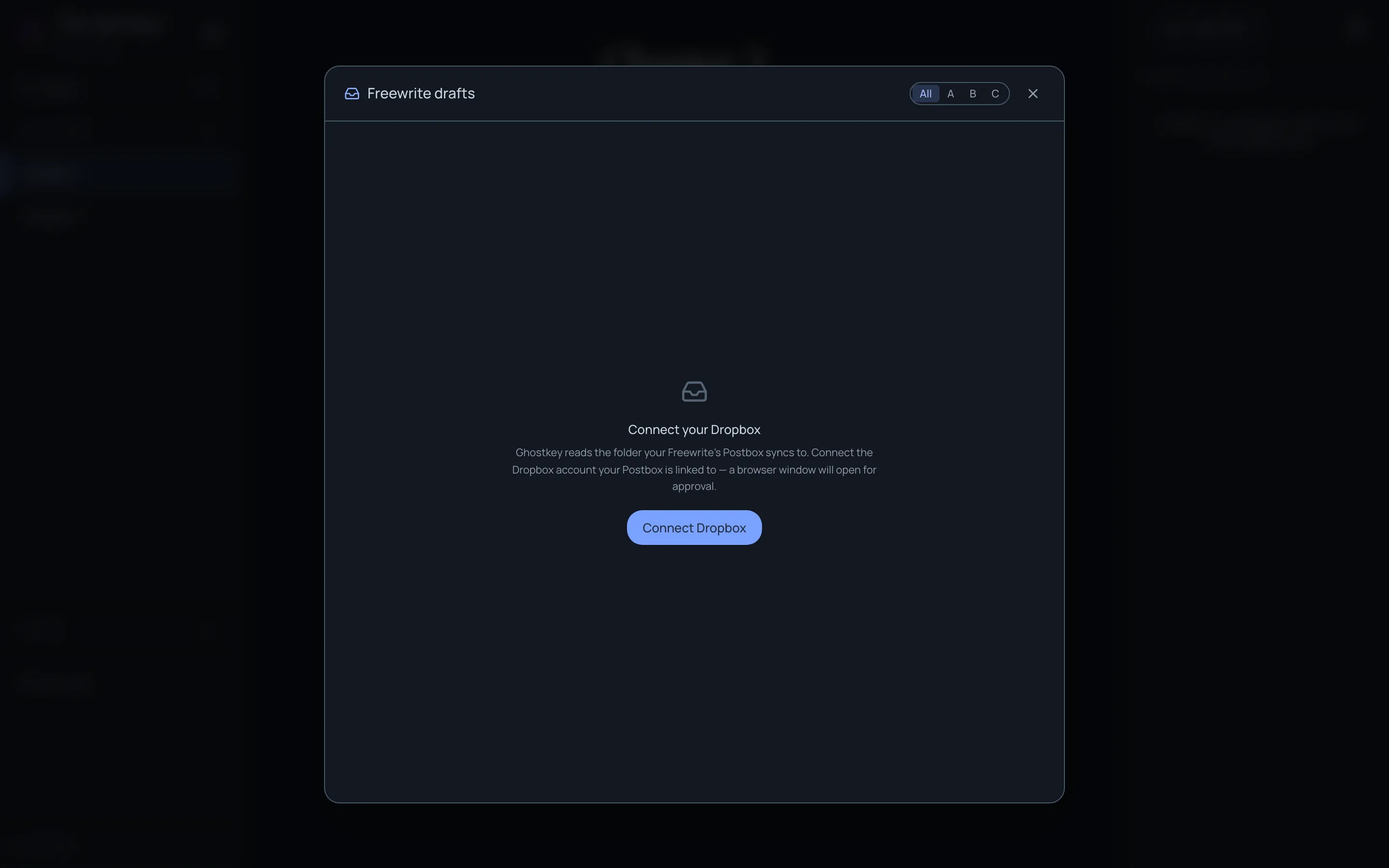 Freewrite drafts, before Dropbox is connected