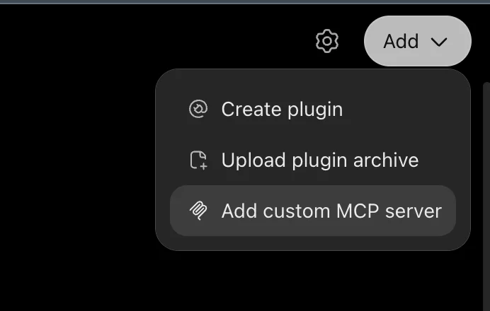 The Add menu, open on Add custom MCP server