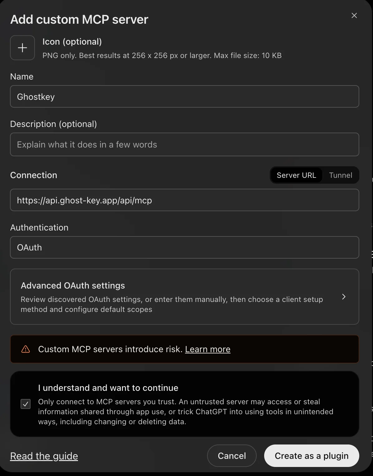 The Add custom MCP server form in ChatGPT, filled in for Ghostkey