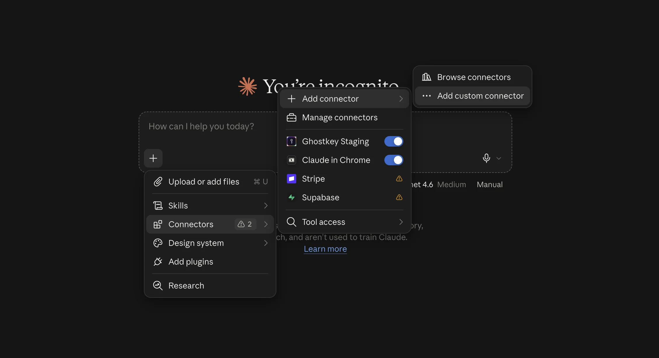 The + menu in Claude, open on Connectors → Add connector → Add custom connector