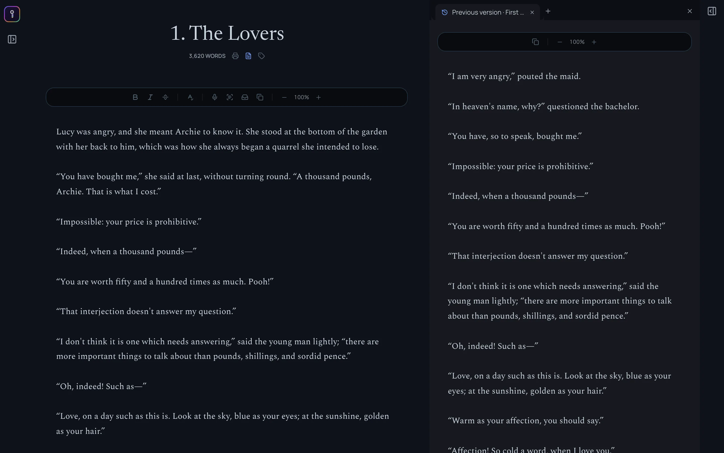 The chapter and its previous draft, with both side panels collapsed