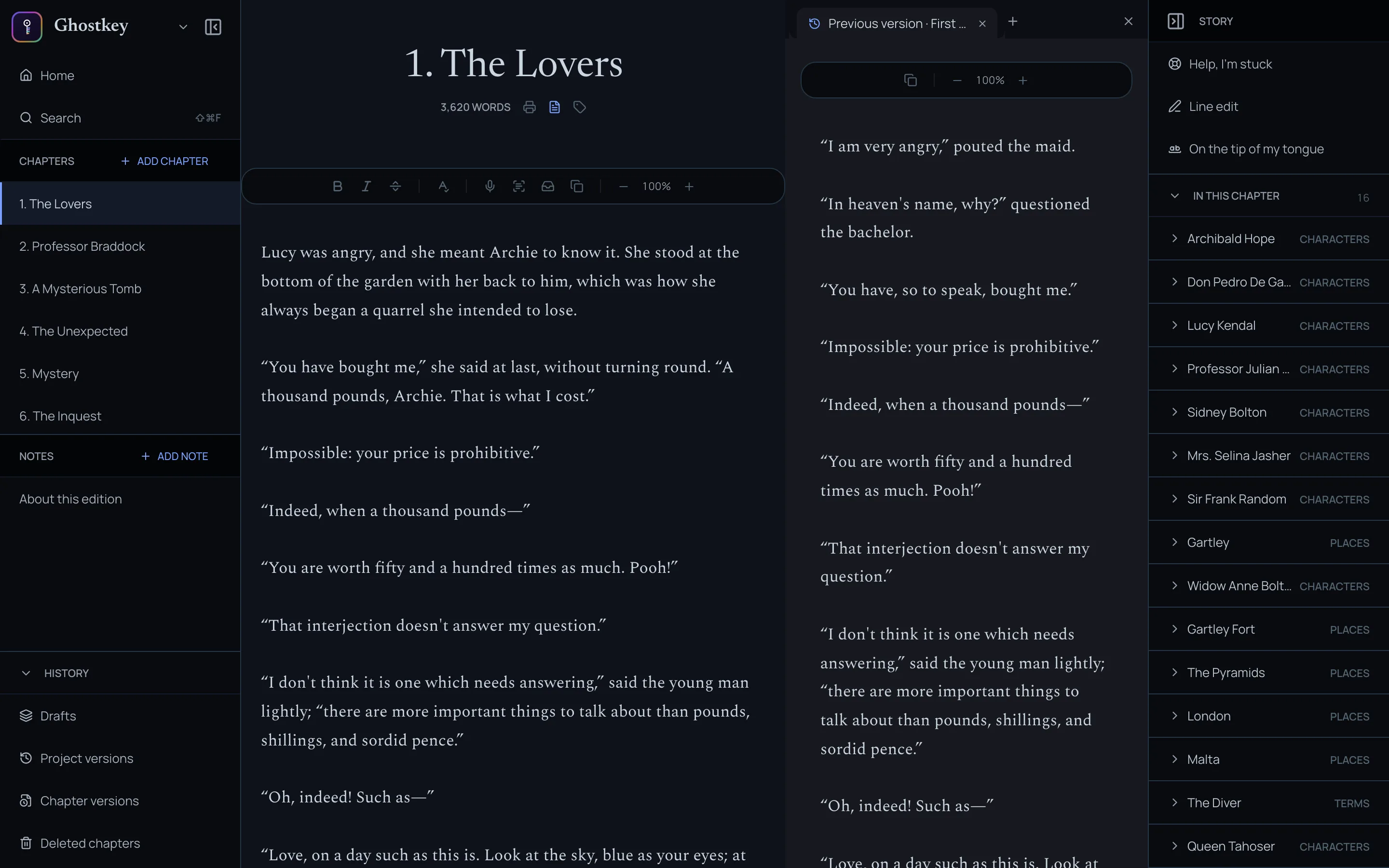 A rewritten chapter beside its previous draft