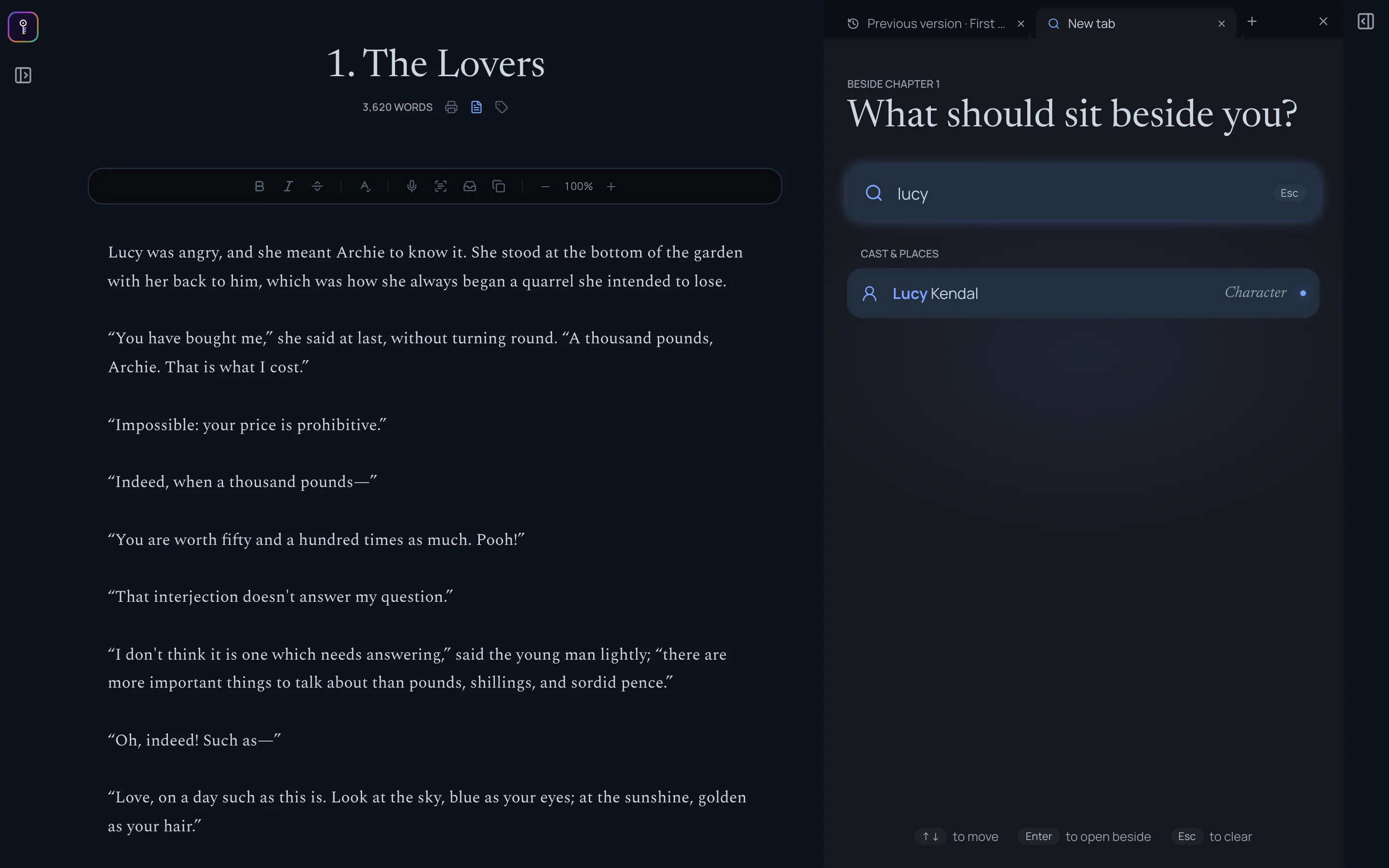 Searching the split view for a character